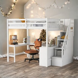 Full Size Loft Bed with Built-in L-Shaped Desk, Storage Shelves, and Storage Staircase