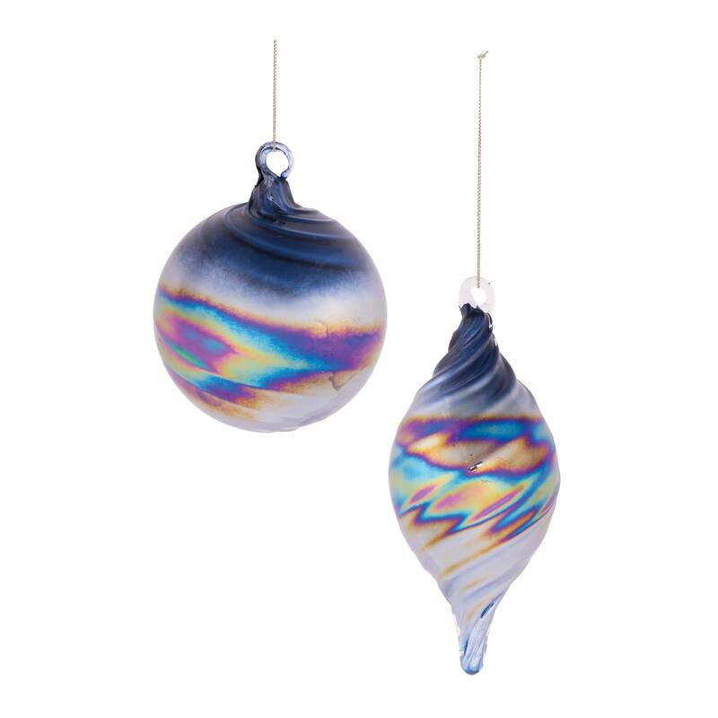Iridescent Swirled Glass Christmas Ornaments - 4" - Blue - 12ct