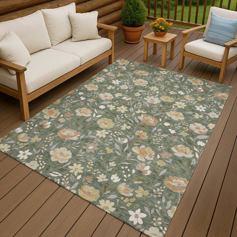 Machine Washable Indoor/ Outdoor Floral Garden Chantille Rug - Basil - 9' x 12'