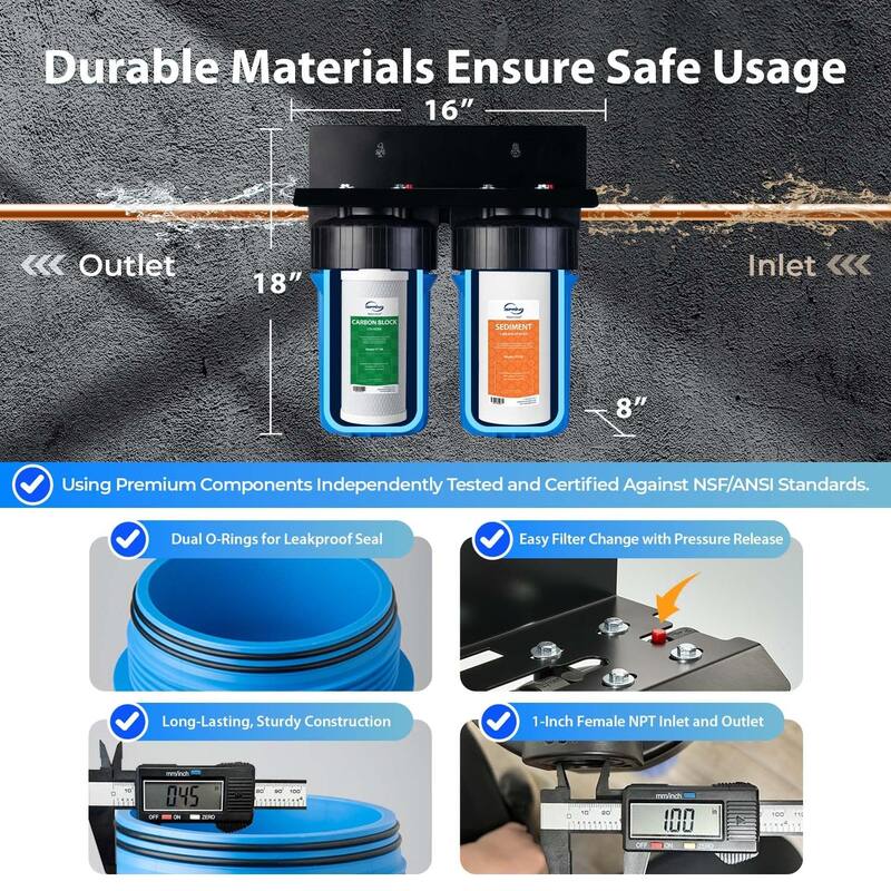 iSpring 2-Stage Whole House Water Filtration System w/ Push-Fit Stainless Steel Hose Connectors and Ball Valve