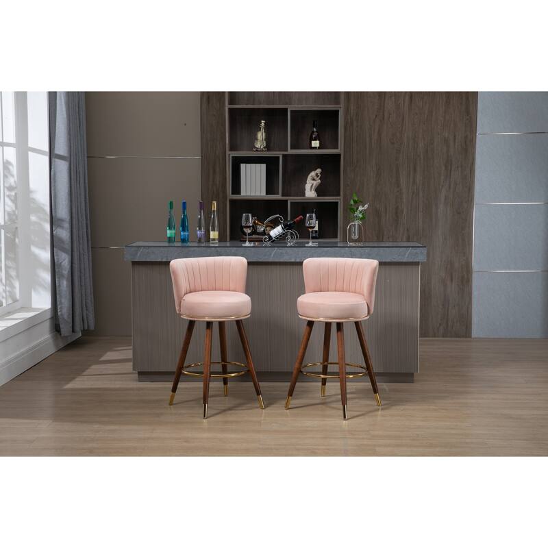 Bar Stools Set of 2, Swivel Barstools with Wood Legs and Footrest, Upholstered Kitchen Stool Island with Backs