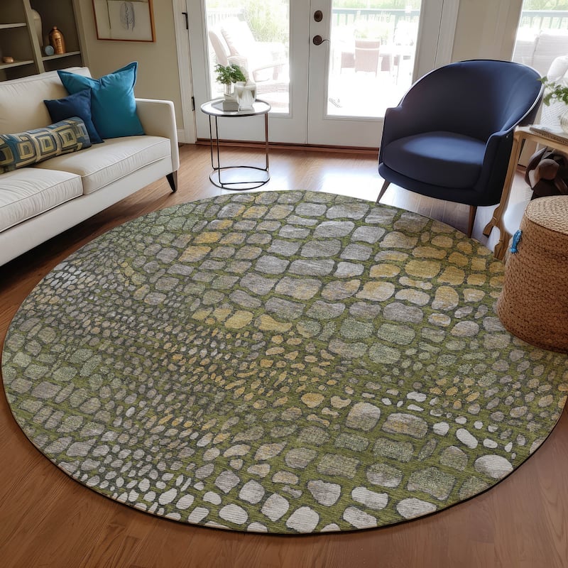 Machine Washable Indoor/ Outdoor Modern Cobble Chantille Rug - Olive - 8' x 8'