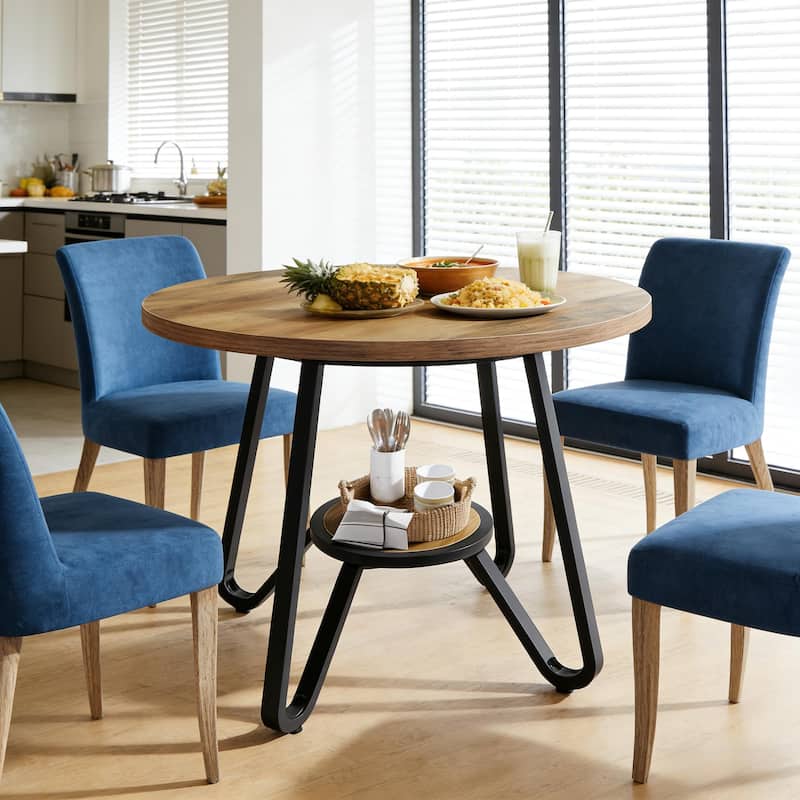 Round Dining Table with Storage Shelf, Home Office Table Meeting Table, Kitchen Table with Metal Base