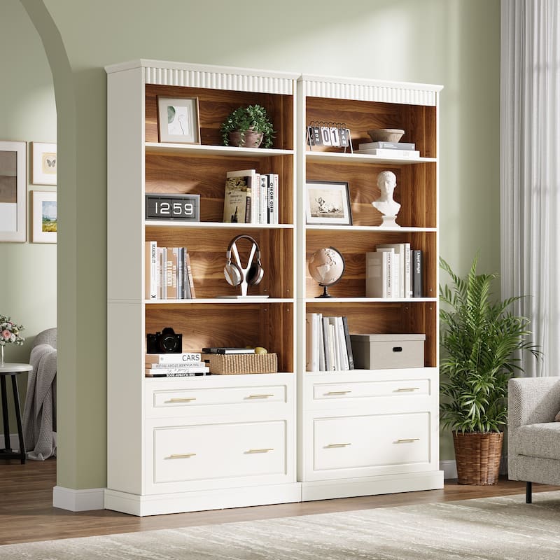 Tall 5-shelf Bookcase Bookshelf with Drawers (Set of 2)