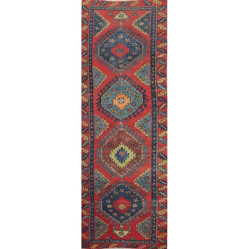 Hand Knotted Oriental 100% Wool Carpet Traditional Geometric Oranges & Rust Heriz Runner Rug - 9' 9'' X 3' 6''