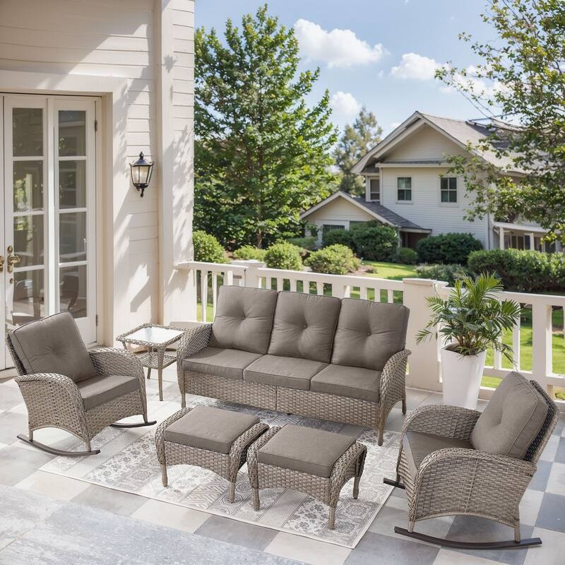 6 Pieces Rocker Chairs Sofa Table Ottomans Grey-Grey - Grey - Grey - Grey