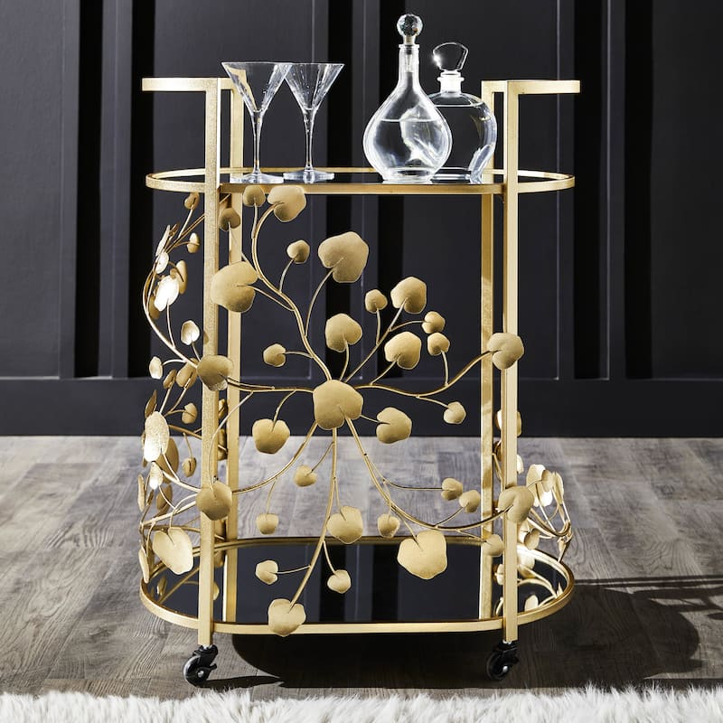 Astoria Gold Finish Foliage Bar Cart with Mirror Top and Bottom by iNSPIRE Q Bold