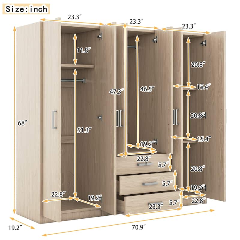 6-Doors Wardrobe Armoire with 3 Drawer, Shelves and Hanging Rail