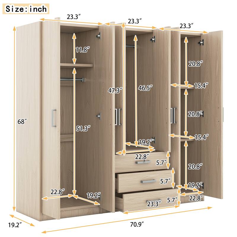 Modern Clean 6-Doors Wardrobe Wooden Armoires with 3 Storage Drawers and Built-In Hanging Rod Design