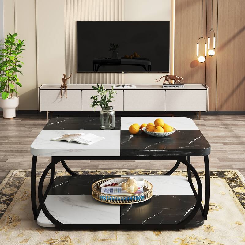 39 Inche 2-Tier Square Coffee Table with Metal Frame for Living Room