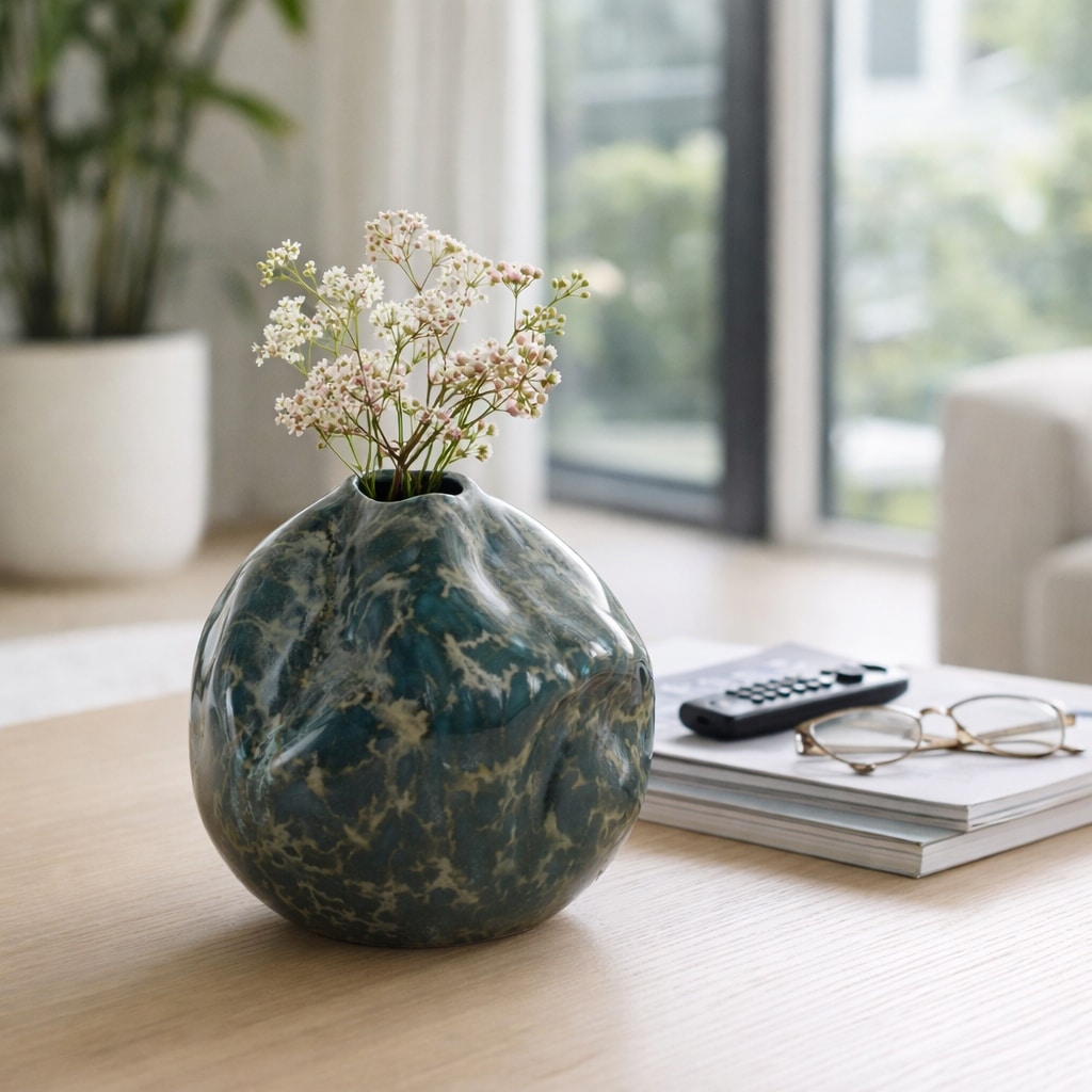 Decorative Vase - Green Ceramic Marbled Textured, 8 in.