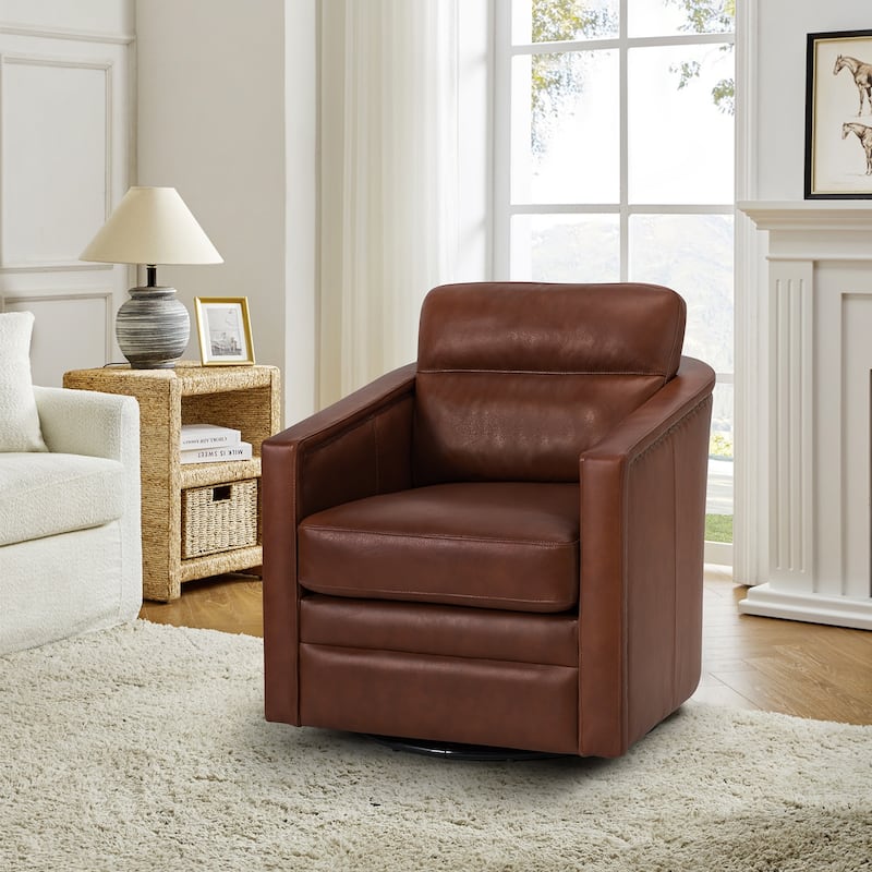 Jorge 28.74" Wide Traditional Genuine Leather Swivel Chair with Removable Seat Cushion and No Assembly Needed - BROWN