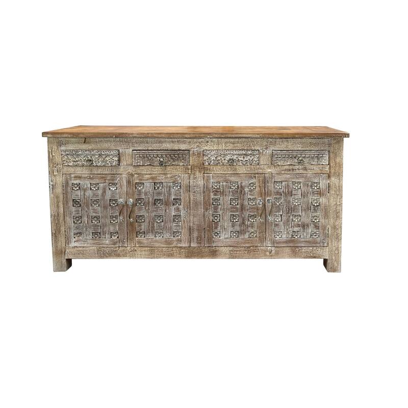 Carved Solid Wood Sideboard with 4 Drawers and 4 Doors - Brown