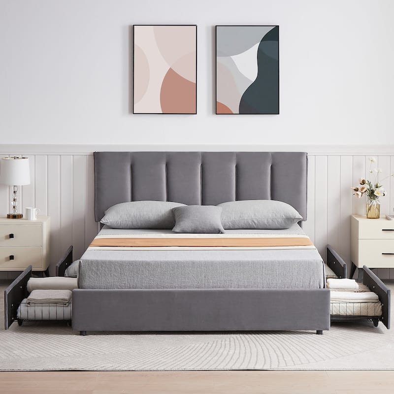 Javlergo Bed Frame with Storage Drawers, Upholstered Platform Bed Frame with Adjustable Headboard