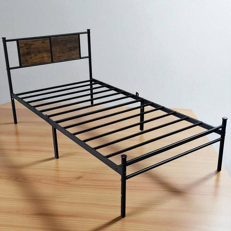 Twin Metal Bed Frame with Wood Headboard and Footboard, No Box Spring Needed