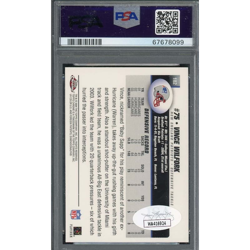 Vince Wilfork 2004 Topps Chrome Football Rookie Signed Card #182 Auto PSA - 8'6" x 11'6"