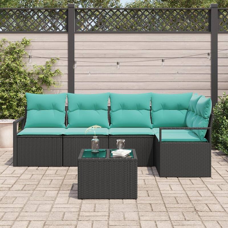 vidaXL 6 Garden Sofa Set with Cushions Black Poly Rattan - 69.7 x 48 x 27.2