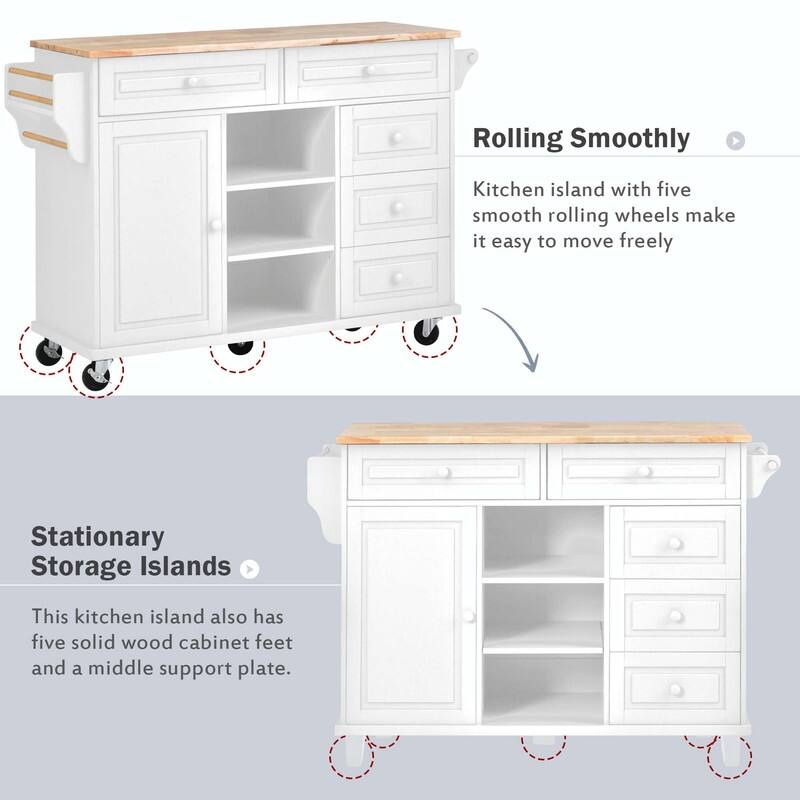 53-Inch Width kitchen Island cart with storage and 5 draws