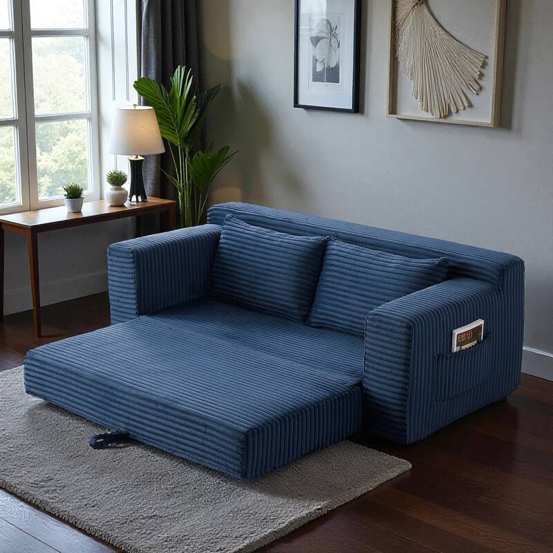 Memory Foam Cloud Loveseat, 2-in-1 Convertible Corduroy Folding Couch Bed, No-Assembly Floor Sofa with Storage Pockets