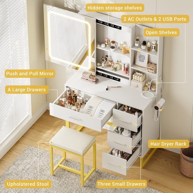 Makeup Vanity with Sliding LED Mirror, Charging Station, Drawers, Shelves & Stool