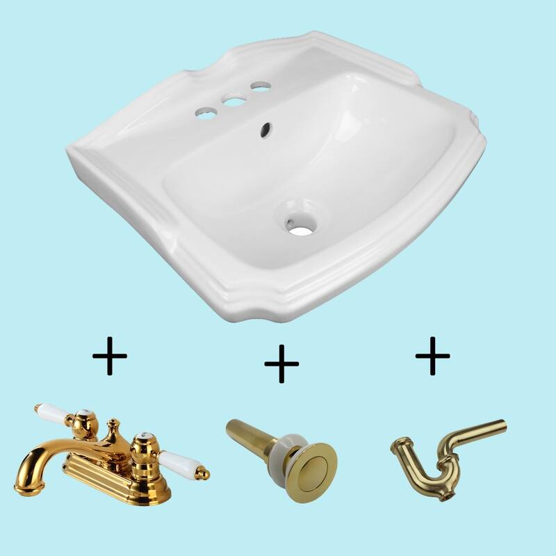 White Ceramic Wall Mount Sink Cloakroom 19" with 4" Brass Centerset Faucet, P-Trap, Drain, and Overflow Renovators Supply