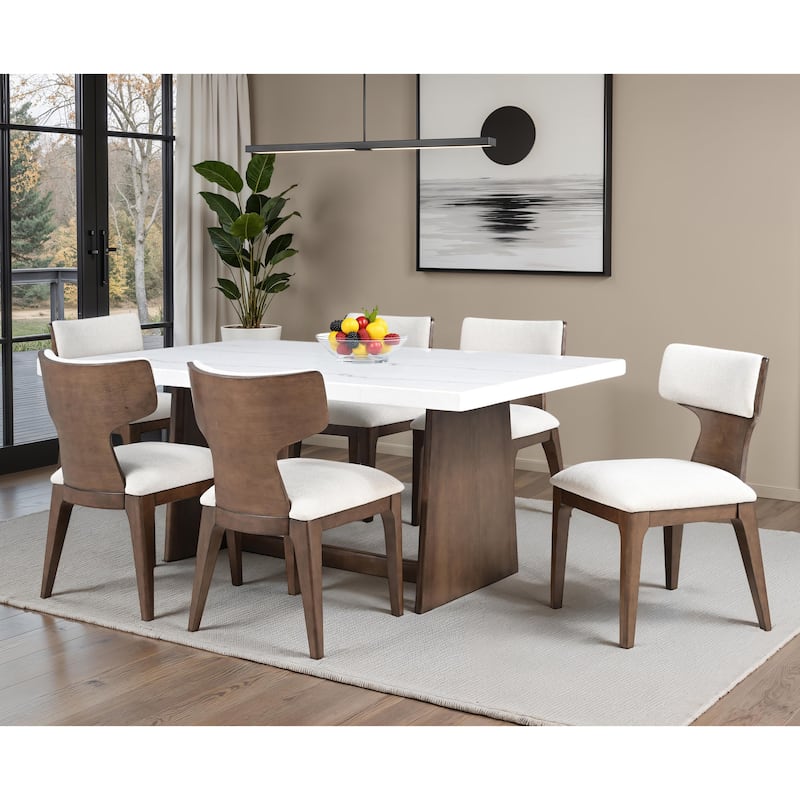 Furniture of America Wayley Modern 7-Piece Solid Wood Genuine Marble Top Dining Table Set - Brown