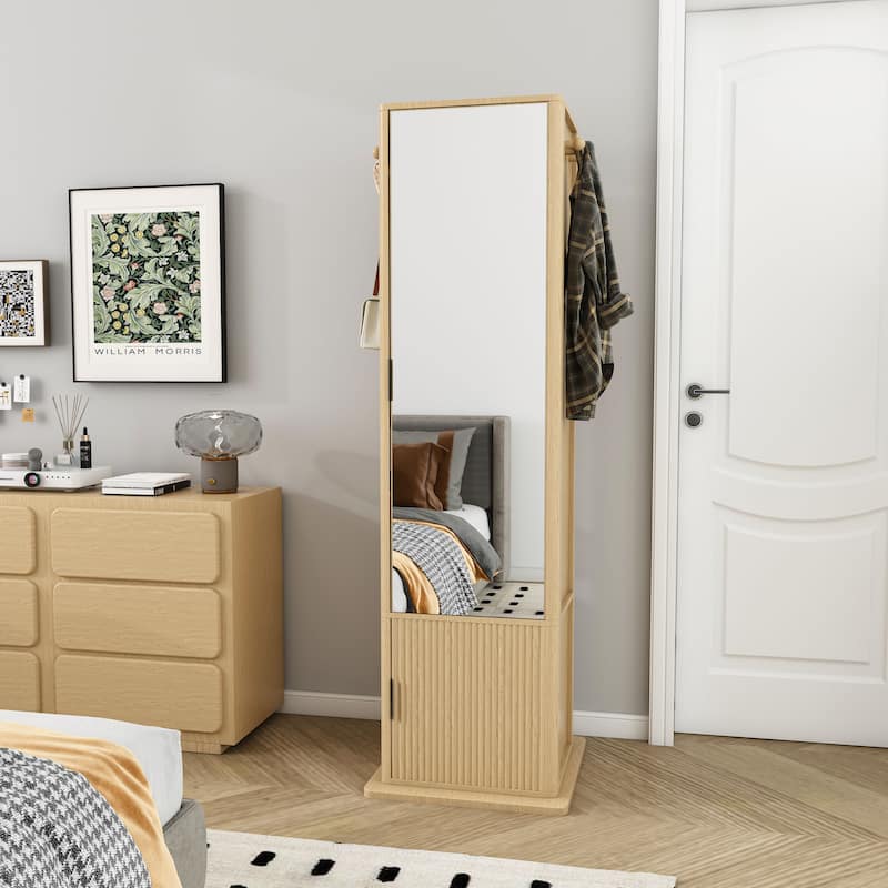 360° Rotating Makeup & Jewelry Cabinet with Full-Length Mirror - Standing Organizer with Coat Rack & 6-Tier Shelves - Walnut