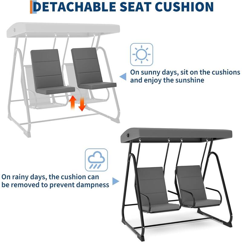2-Person Outdoor Porch Swing Chair with Adjustable Canopy, Patio Swing Glider with Removable Cushions, Independent Swing