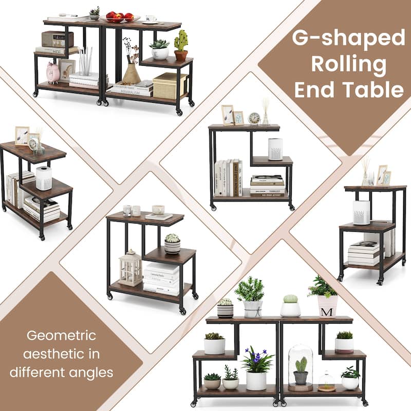 3-Tier G-Shaped Wooden Side End Table with Wheels and Storage for Living Room or Office Use - 23" x 12" x 24"