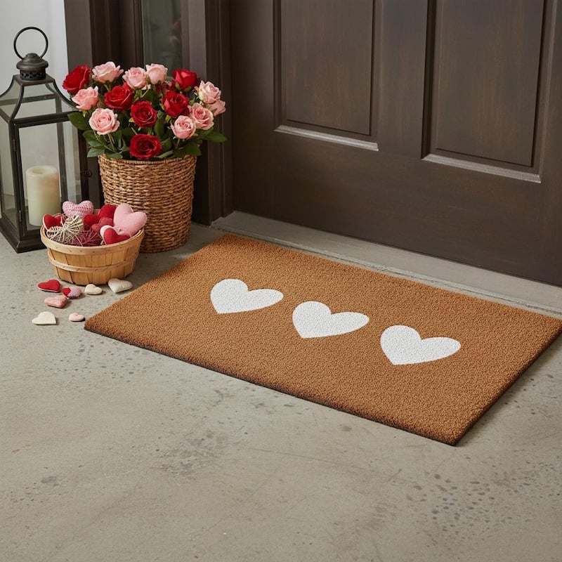 HomeRoots 24" X 36" Brown And White Three Hearts Outdoor Coir Door Mat - 24.00' X '36.00 - 24.00' X '36.00