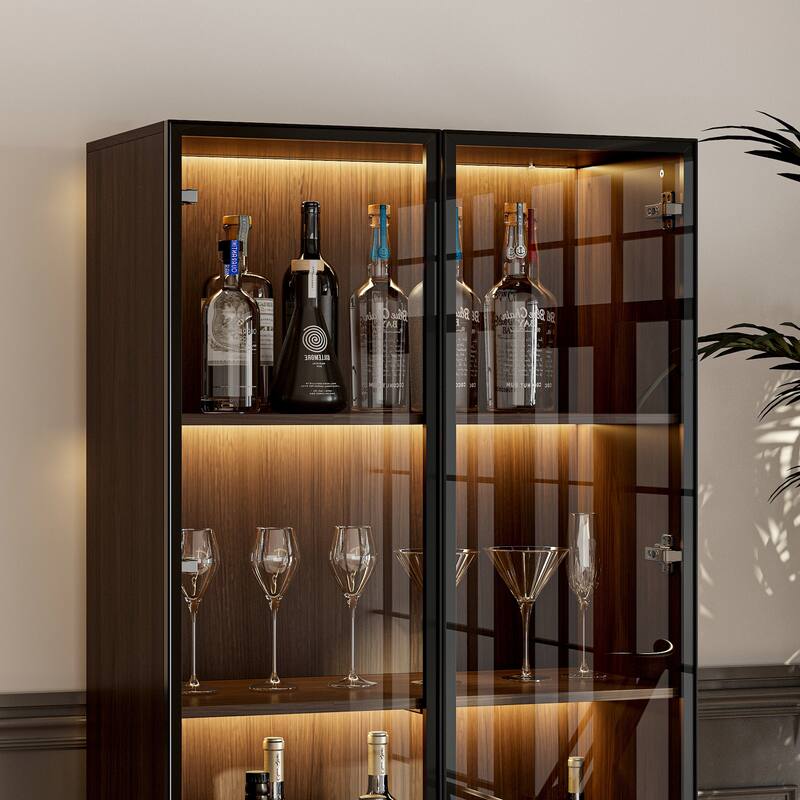 Bookshelves Bookcase Modular Glass Display Cabinet with LED Lights, Dark Wood Storage Combination Cabinet System