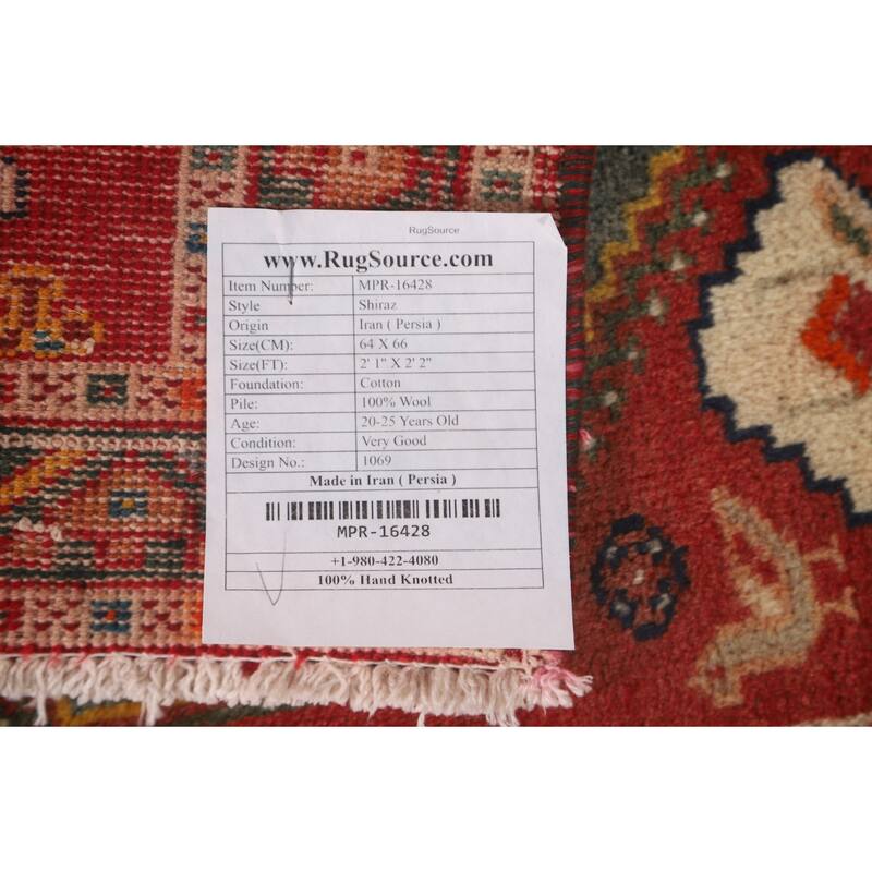 Traditional Shiraz Persian Vintage Square Rug Hand-Knotted Wool Carpet - 2'2" x 2'1"