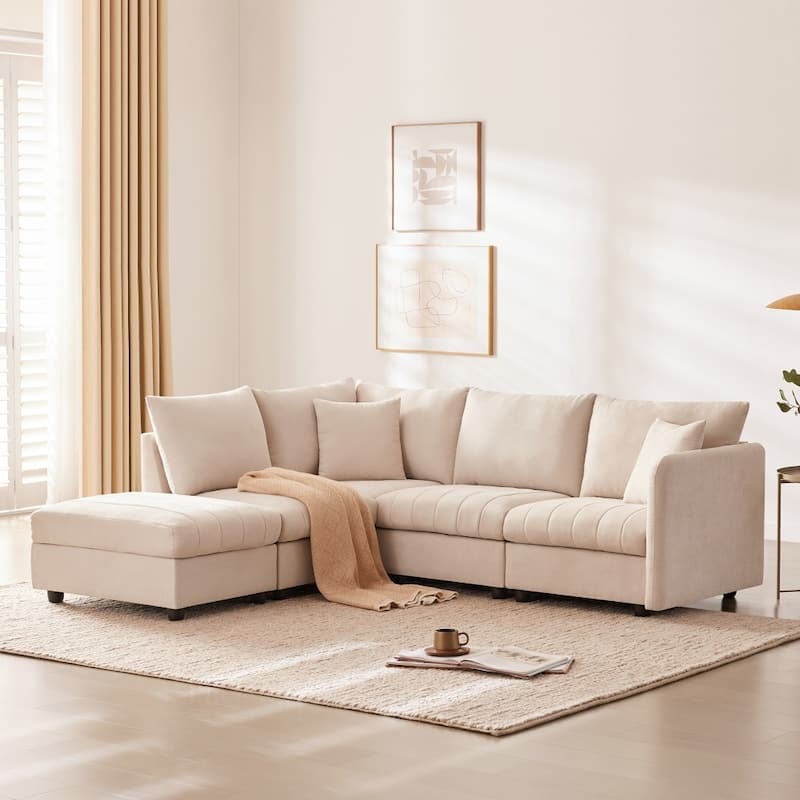 89" Modern Modular L-Shaped Sectional Sofa with Deep Seat,Movable Ottoman,Throw Pillows - Beige