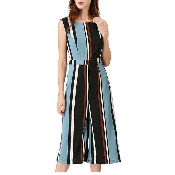 Women Sleeveless Round Neck Cropped Striped Jumpsuit. Opens flyout.
