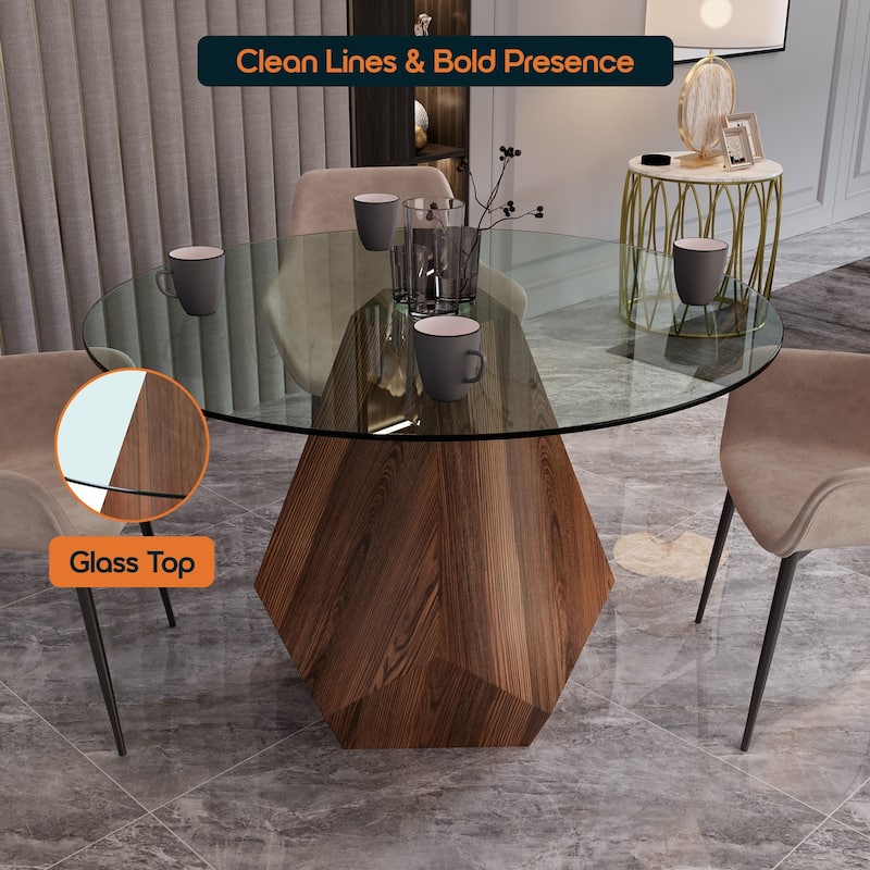 Nebo Round 47" Tempered Glass or Sintered Stone Top Dining Table with Geometric Design Ashwood Pedestal Base Kitchen Table