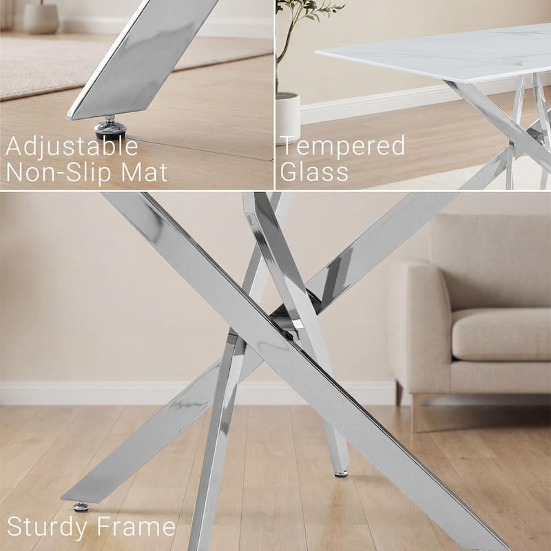 Modern rectangular tempered glass table and silver iron frame