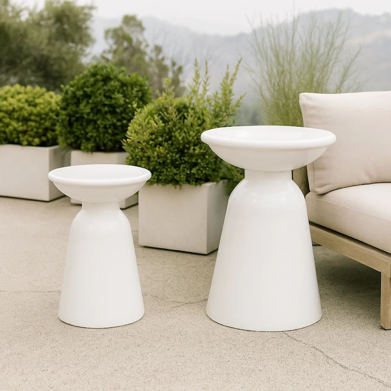 Suma Outdoor Side End Table Set of 2, Round Top, Pedestal, White Iron