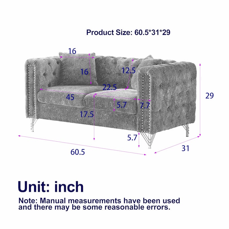 60-Inch Chenille Chesterfield Sofa, Living Room Couch with Buttons Tufted/Copper Nail Decoration Armrest
