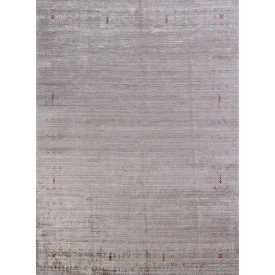 Hand Knotted Oriental 100% Wool Carpet Tribal Stripe Greys & Charcoal Gabbeh Area Rug - 9' 11'' X 7' 9''
