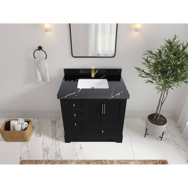 Willow Collections 36 in. W x 22 in. D Alys Center Sink Right Bathroom Vanity with Countertop - 2"Calacatta Black - Black