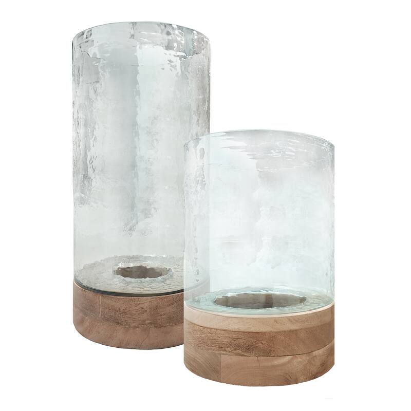 Reeve Hand Carved Mango Wood and Transluscent Hammer Finished Glass Top, 19" Tall Hurricane