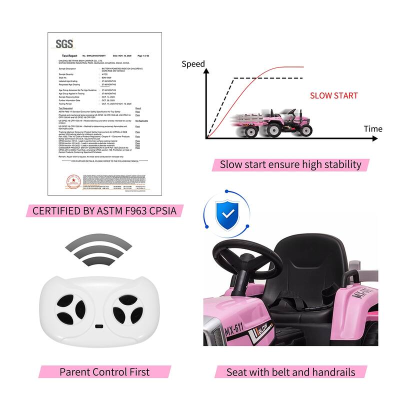 12V Kids Electric Tractor w/Remote Control Treaded Tires,Battery Powered Ride On Tractor with Trailer & 2+1-Gear-Shift