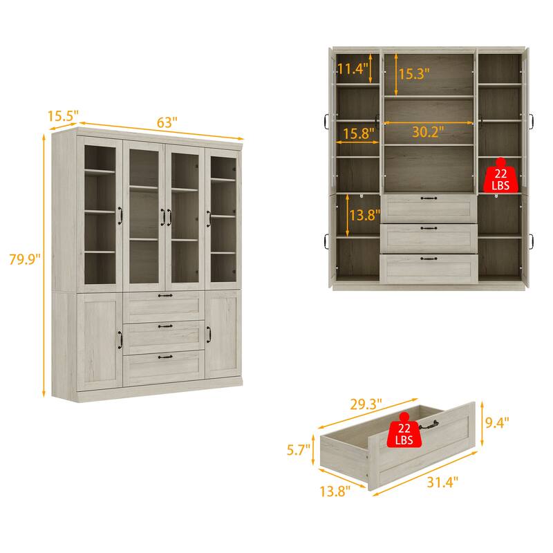 Bookcase Cabinet with Glass Doors and Drawers Multi-Purpose Storage Display Hutch for Living Room or Dining Room