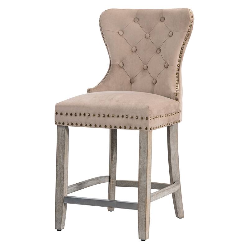 Carter 29" Wingback Tufted Nailhead Bar Stool with Antique Grey Legs