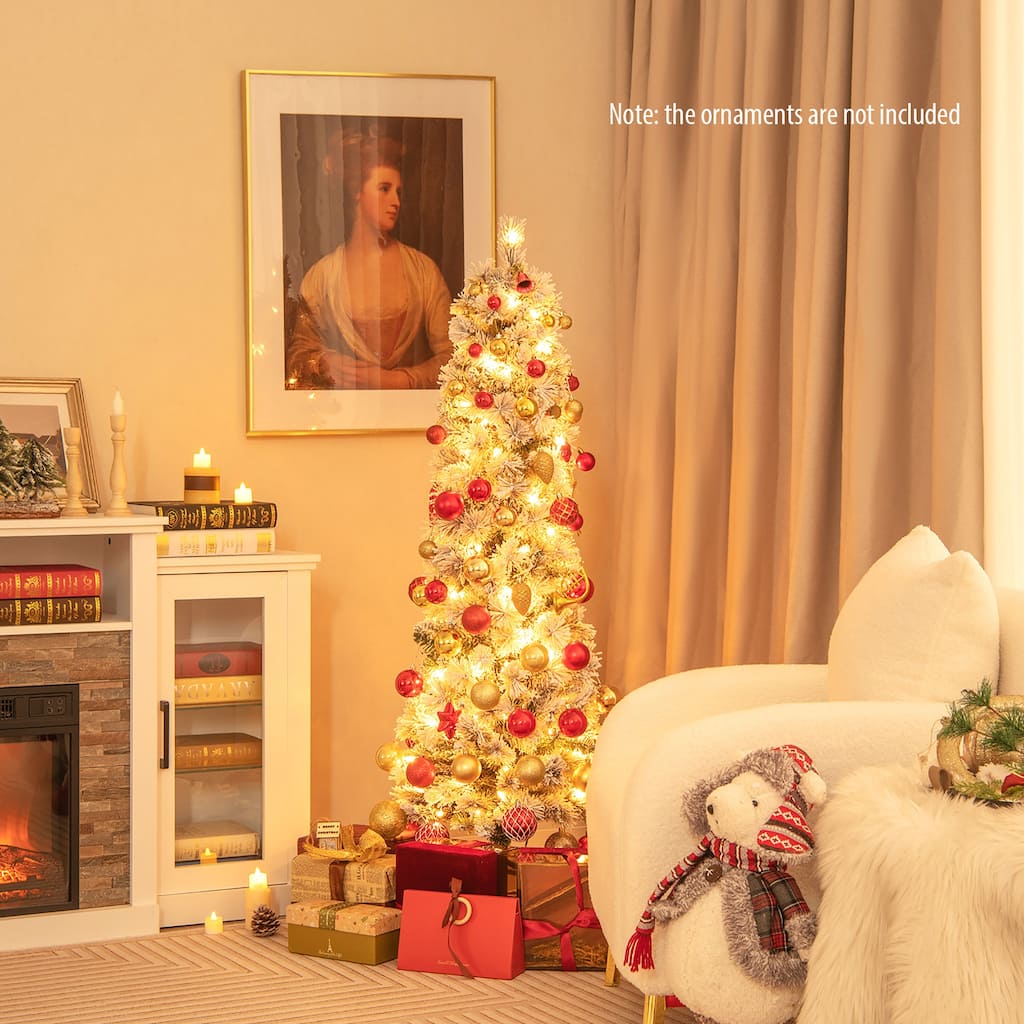 Gymax 4.5/6/7 FT Pre-Lit Artificial Christmas Tree Slim Pencil Xmas
