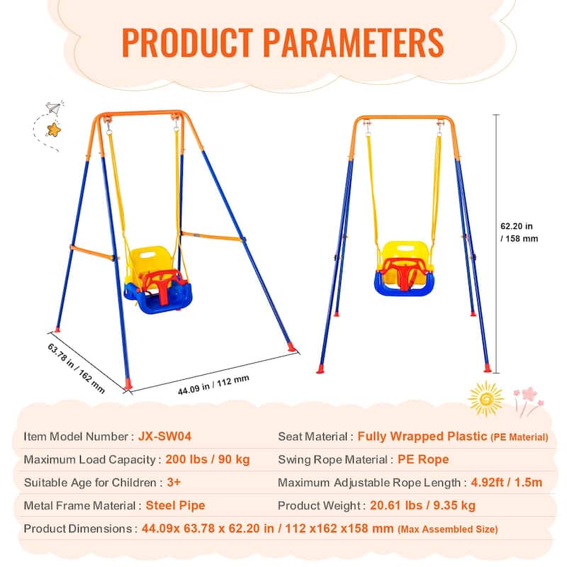 3 in 1 Outdoor Swing Sets with 4 Foldable Sandbags and Removable Seat Perfect Gift for Kids - 44.09"L x 63.76"W x 62.20"H