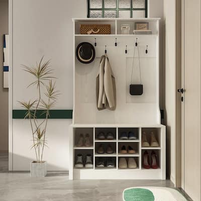 Entryway Hall Trees Bench Shoe Storage Cabinet Coat Rack Hooks White