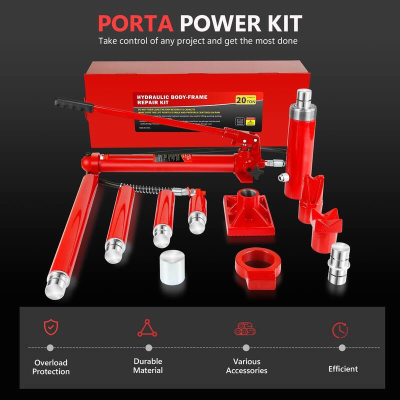 4 Ton Porta Power Kit, Portable Hydraulic Jack with 4.1 ft/1.25 m Oil Hose, 17 Pcs Hydraulic Ram, 8000 Lbs Capacity - 20 ton