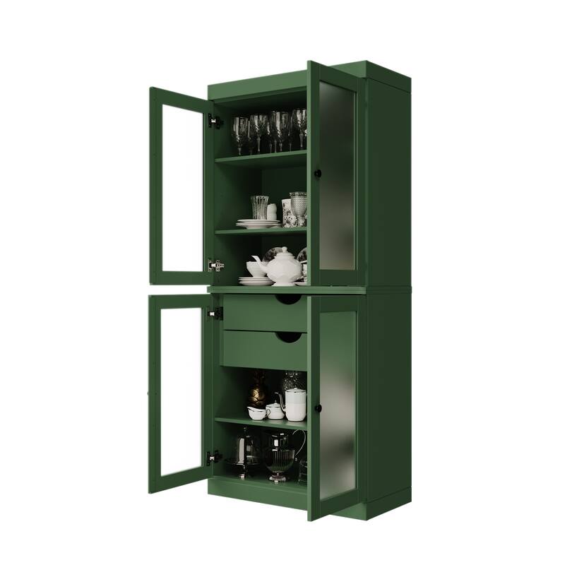Palace Imports 100% Solid Wood Pantry Cabinet with Frosted Glass Doors, 2-Drawers and Adjustable Shelves - 32" x 71.5" - Green