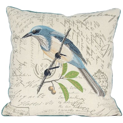 18"x18" Beige and Aqua Bird Linen Blend Bird Print Zippered Pillow